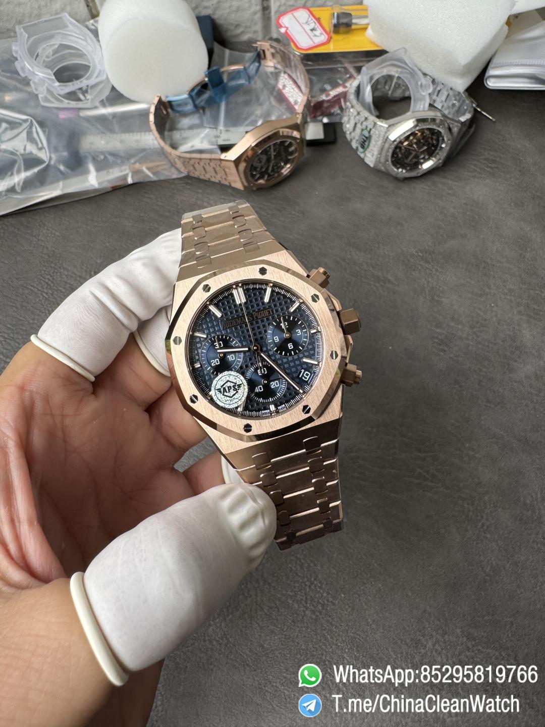 APS Factory Super Clone AP Royal Oak Chrono 26240 Blue Dial on Rose Gold Case and Bracelet SuperClone 4401 Movement 06 APS Factory Super Clone AP Royal Oak Chrono 26240 Blue Dial on Rose Gold Case and Bracelet SuperClone 4401 Movement 06