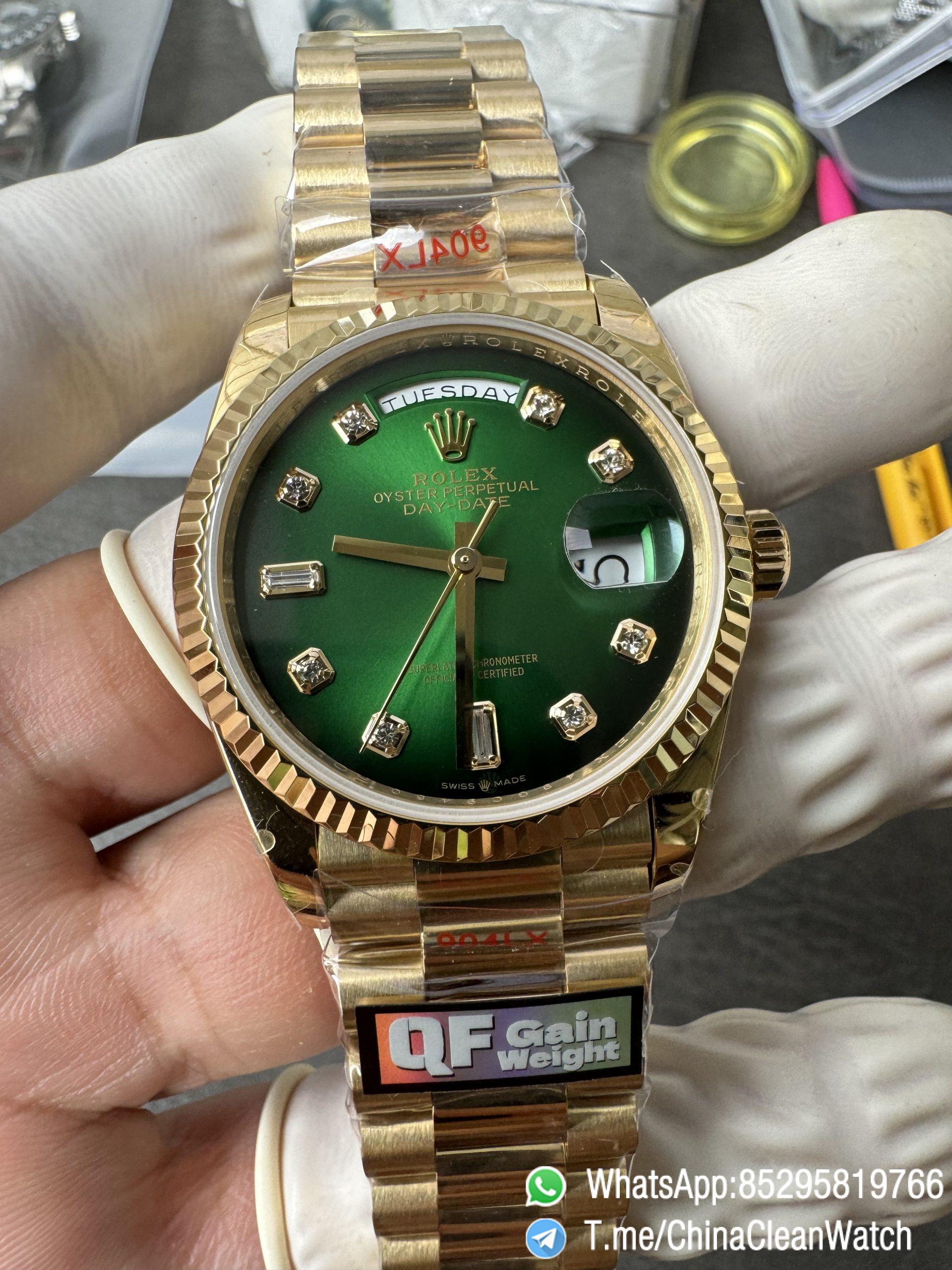Clean Factory Watches QF Gain Weight 156g Day Date 36mm M128238 0069 Yellow Gold Case Green Ombre Diamonds Dial A2836 Movement 06 Clean Factory Watches QF Gain Weight 156g Day Date 36mm M128238 0069 Yellow Gold Case Green Ombre Diamonds Dial A2836 Movement 06